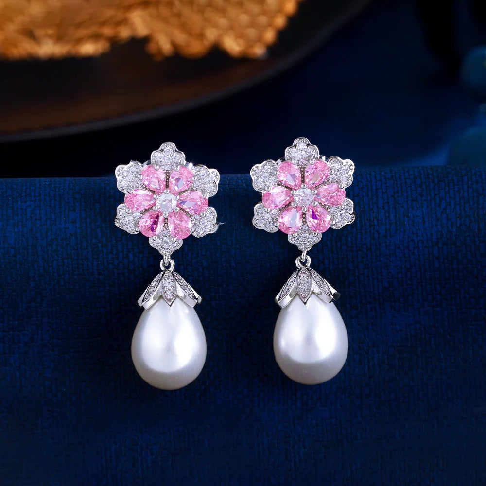 Pink Cubic Zirconia Snow Flower Dangle Drop Long Pearl Earrings for Women Luxury Wedding Party Jewelry - EUFASHIONBAGS