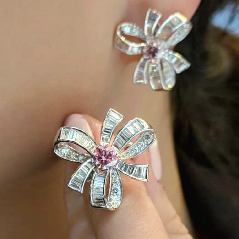 Pink Flower Stud Earrings Bridal Wedding Accessories Aesthetic Women's CZ Earrings for Party Statement Jewelry - EUFASHIONBAGS