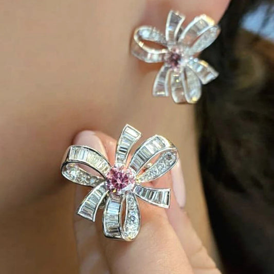 Pink Flower Stud Earrings Bridal Wedding Accessories Aesthetic Women's CZ Earrings for Party Statement Jewelry - EUFASHIONBAGS