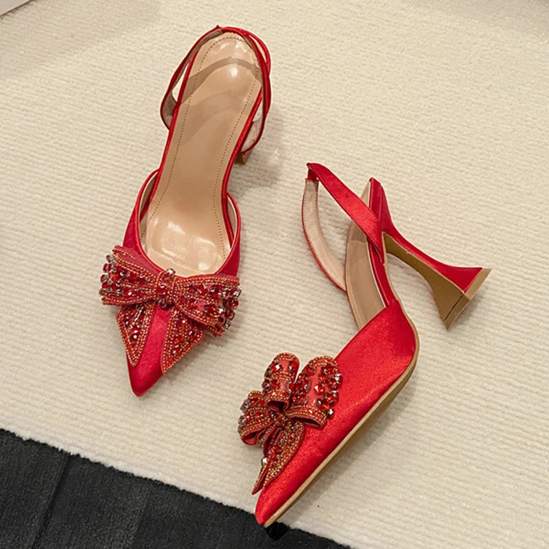 Fashion Sequined Crystal Bowknot Women Pumps Sexy Pointed Toe Red High Heels Wedding Banquet Shoes Ladies Slingback Sandal