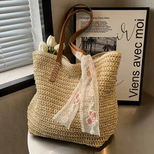 Load image into Gallery viewer, Vintage Women Woven Shoulder Bag Solid Color Lace Ribbon Tote Handbags Wicker Boho Straw Bag for Beach Handle Beige Bag