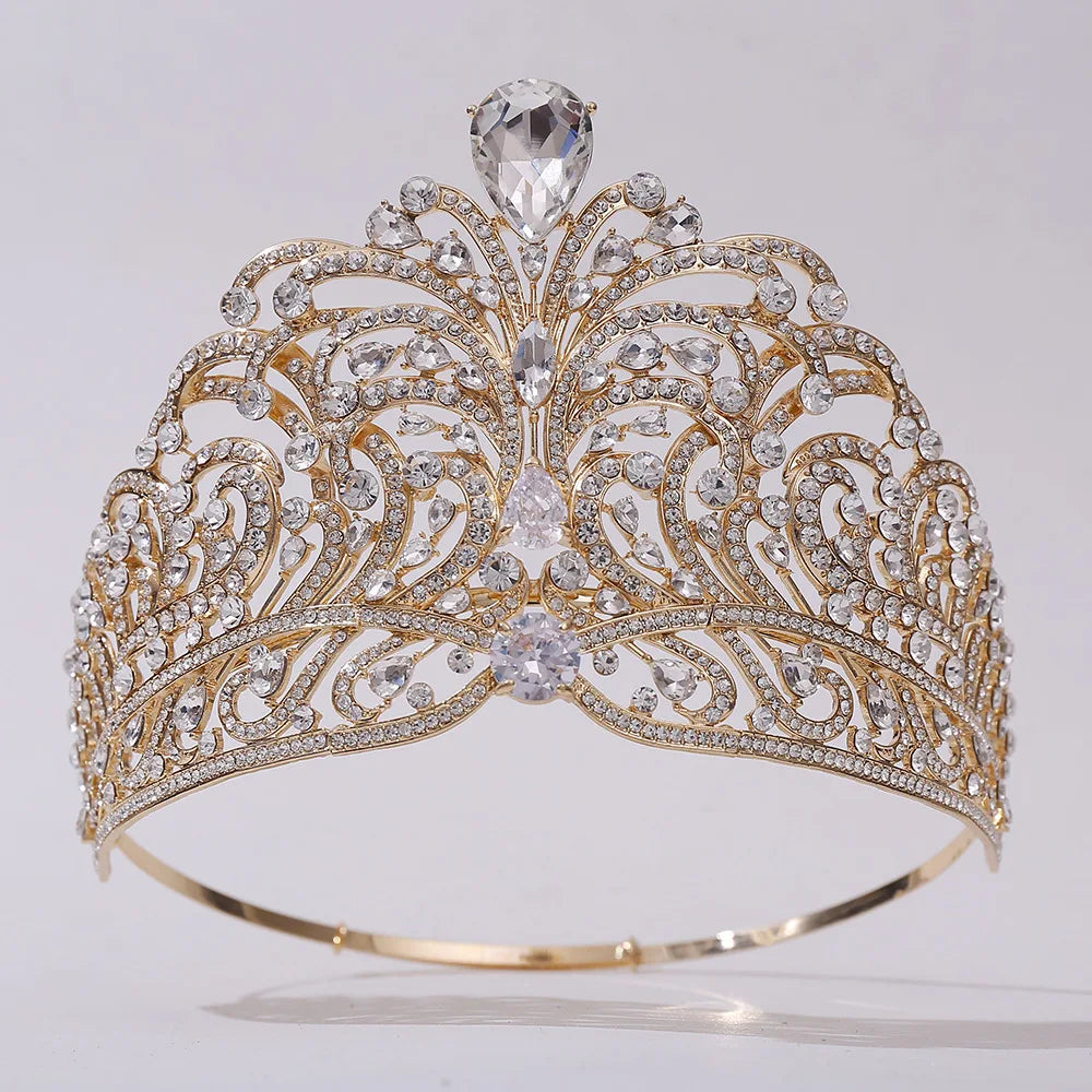 European Miss Universe Crystal Wedding Crowns Cubic Zircon Large Round Queen Rhinestone Tiaras Party Stage Show Hair Accessories - EUFASHIONBAGS