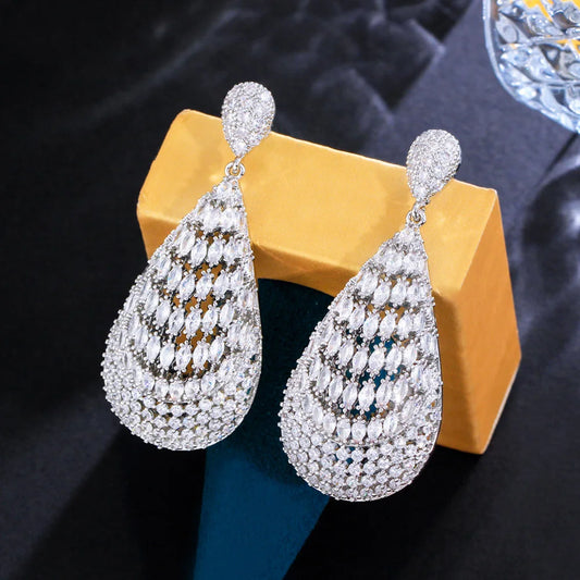 Heavy Stone Work Bling Marquise Cut White Cubic Zircon Dangly Drop Long Wedding Bridal Earrings for Women Jewel - EUFASHIONBAGS