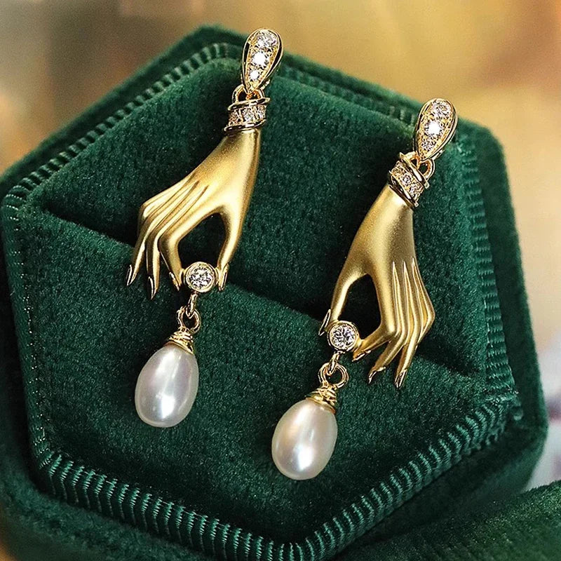 Unique Hands Designed Imitation Pearl Drop Earrings for Women Funny Attractive Girl Accessories Trendy Party Jewelry Gift