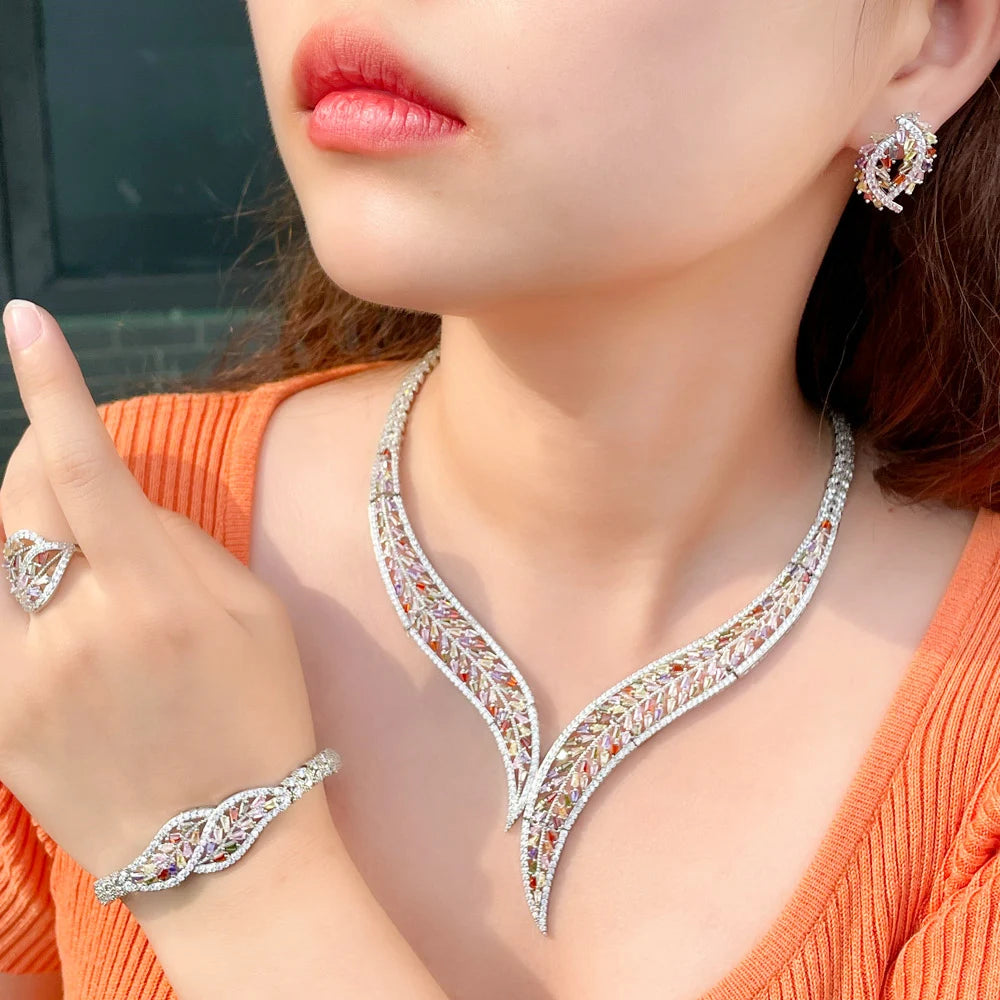 4pcs Multicolor Cubic Zircon Big Leaf Shape Statement Luxury Bridal Jewelry Sets Engagement Wedding Collection - EUFASHIONBAGS