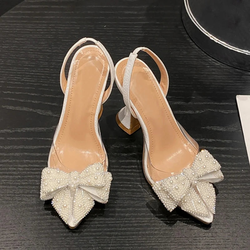 Fashion Design White Pearl Bowknot Women Pumps Sexy Pointed Toe High Heels Wedding Prom Shoe PVC Transparent Sandal Female - EUFASHIONBAGS