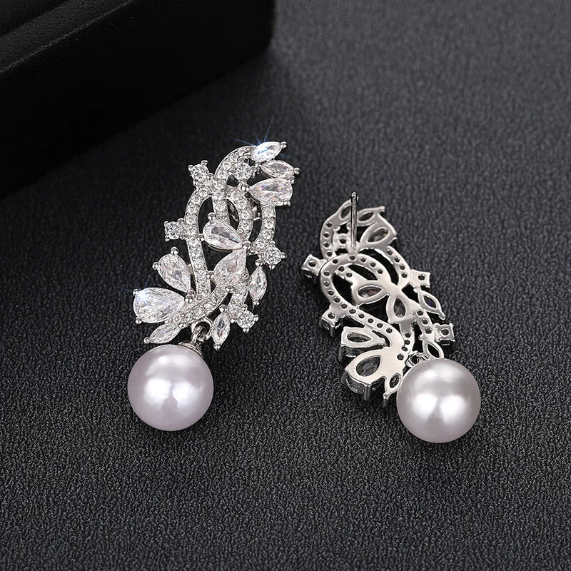 Lady Wedding Earrings with Simulated Pearl Graceful Accessories for Engagement Brilliant Zirconia Pendant Jewelry - EUFASHIONBAGS