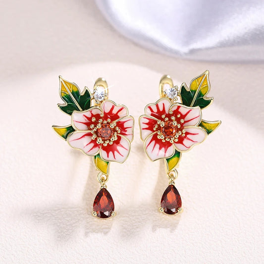 Flower Earrings for Women Red Flower Green Leaf Aesthetic Enamel Earrings Wedding Party Temperament Lady Jewelry - EUFASHIONBAGS