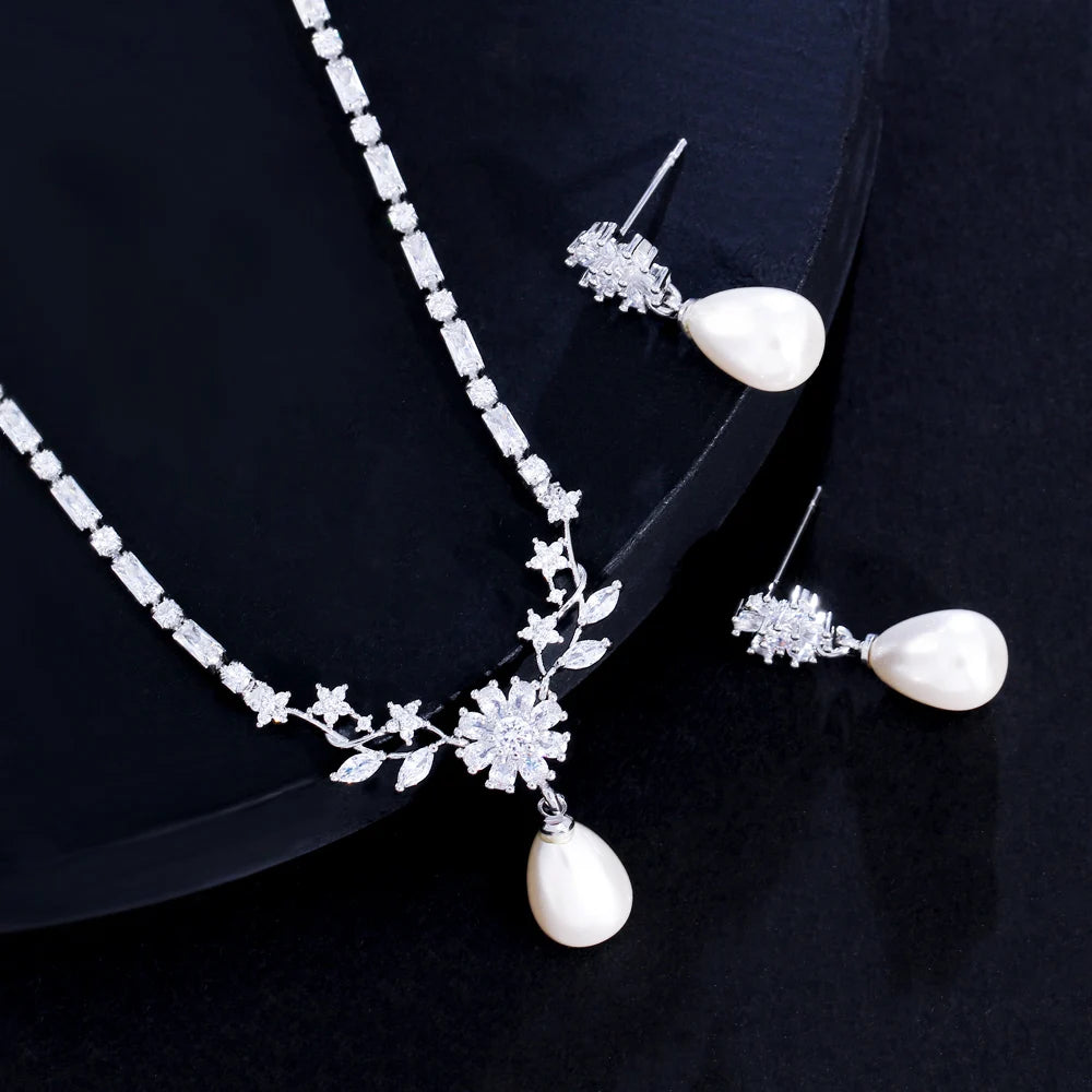 Clear White CZ Stone Flower Leaf Dangle Drop Wedding Party Pearl Necklace and Earrings Jewelry Sets for Women