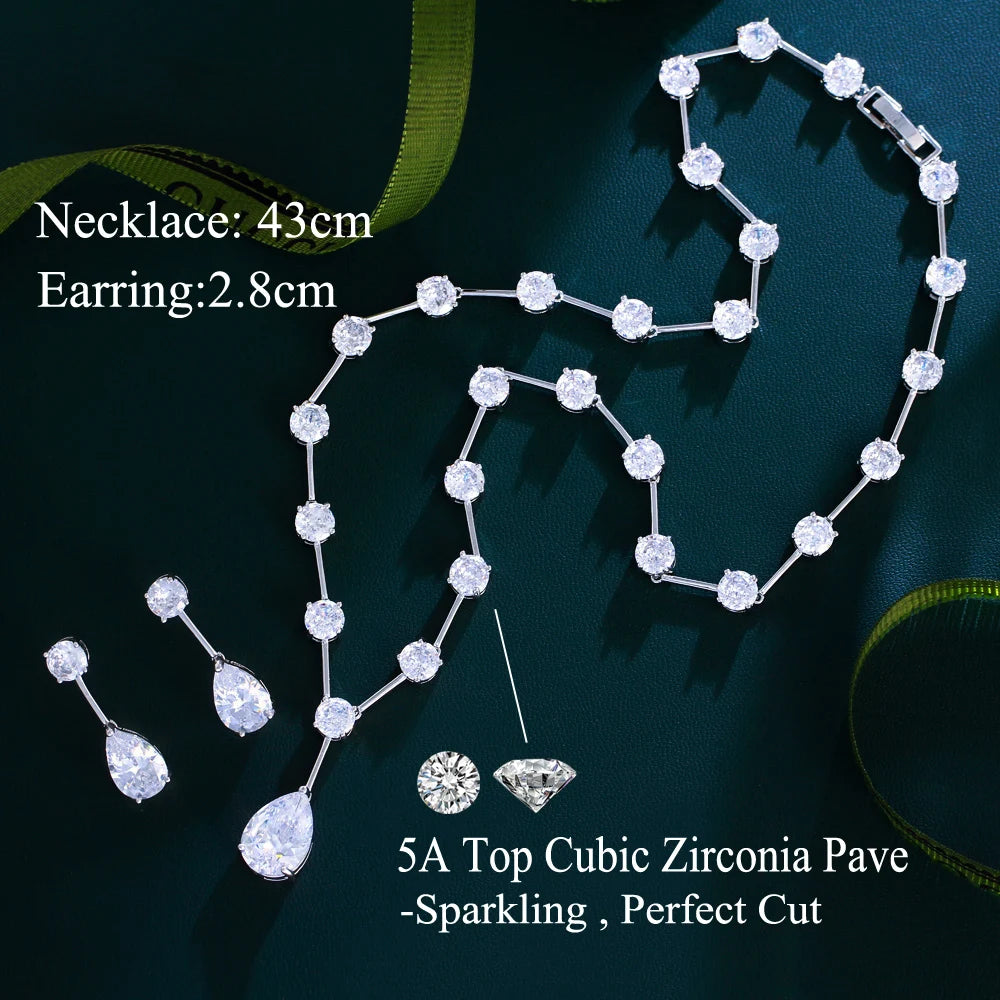 Sparkling White Cubic Zirconia Dangle Water Drop Women Wedding Party Necklace and Earrings Bridal Jewelry Sets - EUFASHIONBAGS