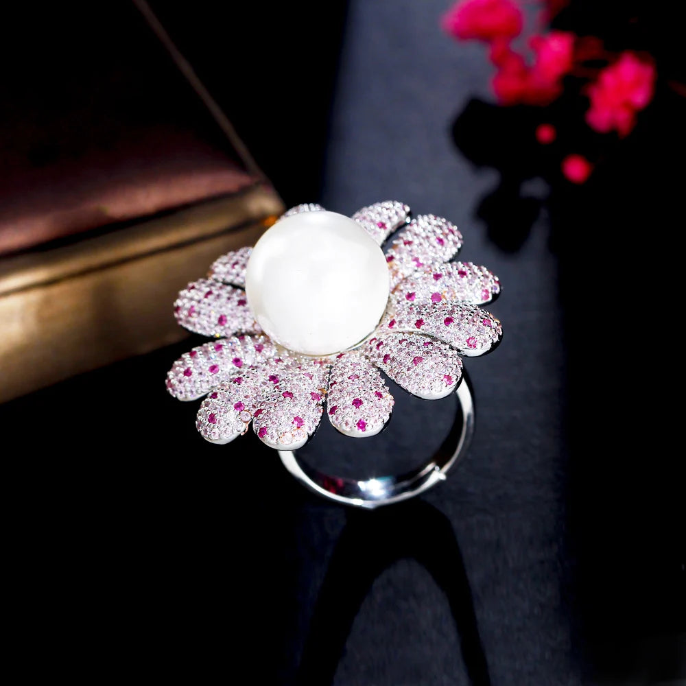 Micro Pave Pink Red Cubic Zirconia Stone Super Luxury Statement Big Flower Chunky Rings for Wedding Bridal Party