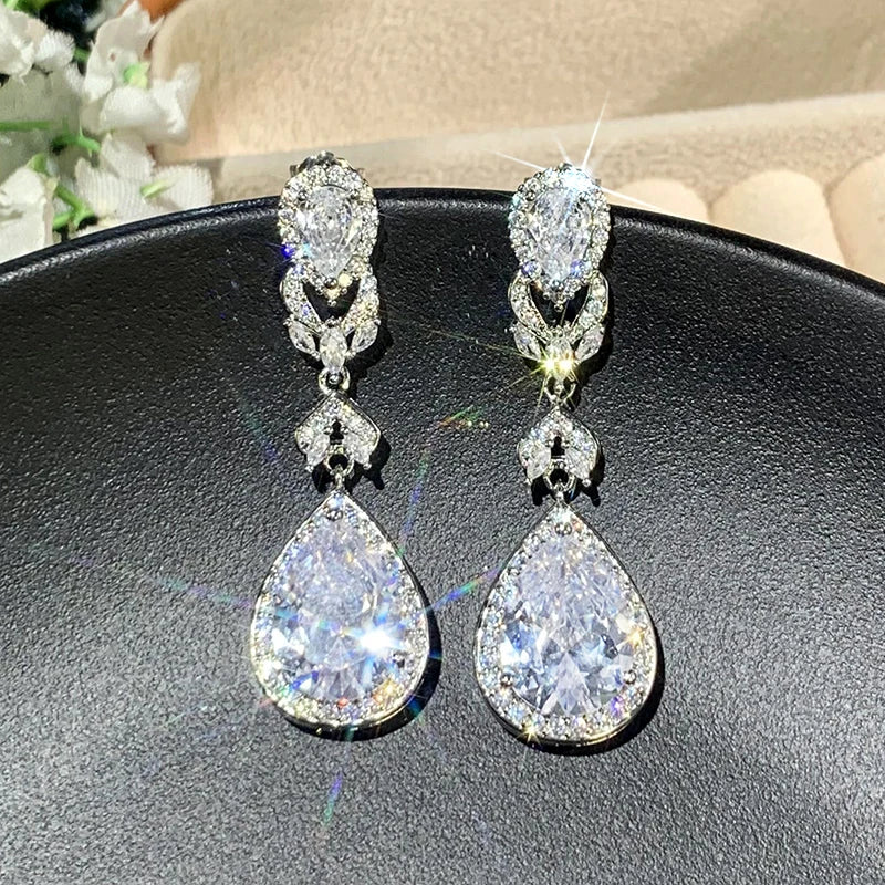 Gorgeous Drop-shaped Zirconia Pendant Earrings Bridal Wedding Accessories Luxury Graceful Female Engagement Party Jewelry - EUFASHIONBAGS