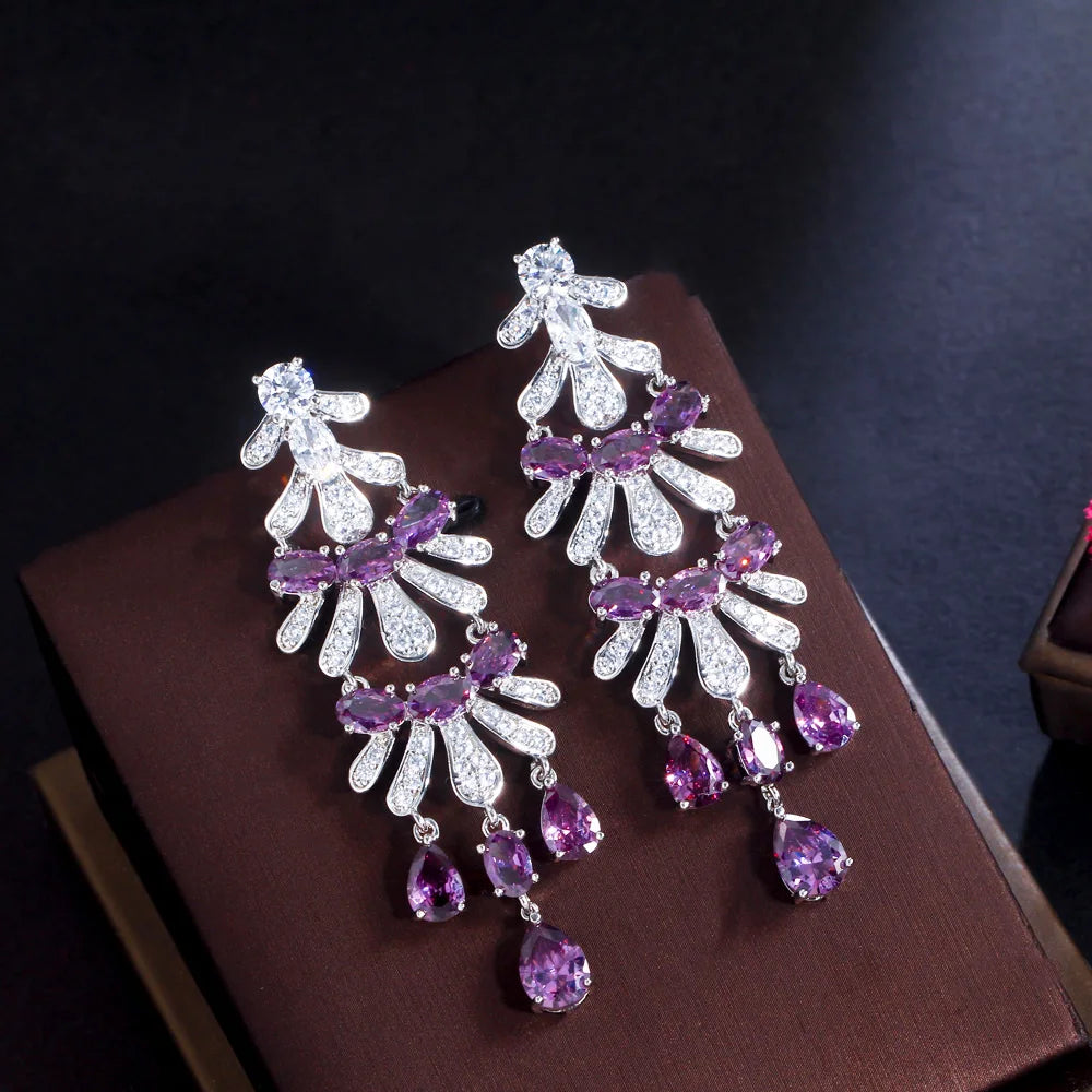 Royal Purple Cubic Zircon Stone Long Dangle Drop Women Engagement Wedding Party Chandelier Earrings for Brides - EUFASHIONBAGS