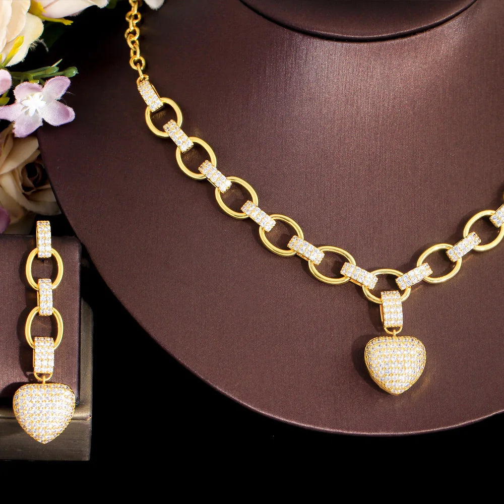 Popular Love Heart Shaped CZ Cuban Link Chain Brazilian Gold Plated Necklace and Earrings Women Jewelry Sets - EUFASHIONBAGS