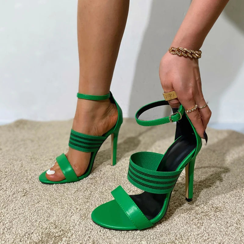 2025 New Fashion Mixed Color Narrow Band Women Sandals Open Toe Buckle Strap Gladiator High Heels Summer Party Dress Shoes