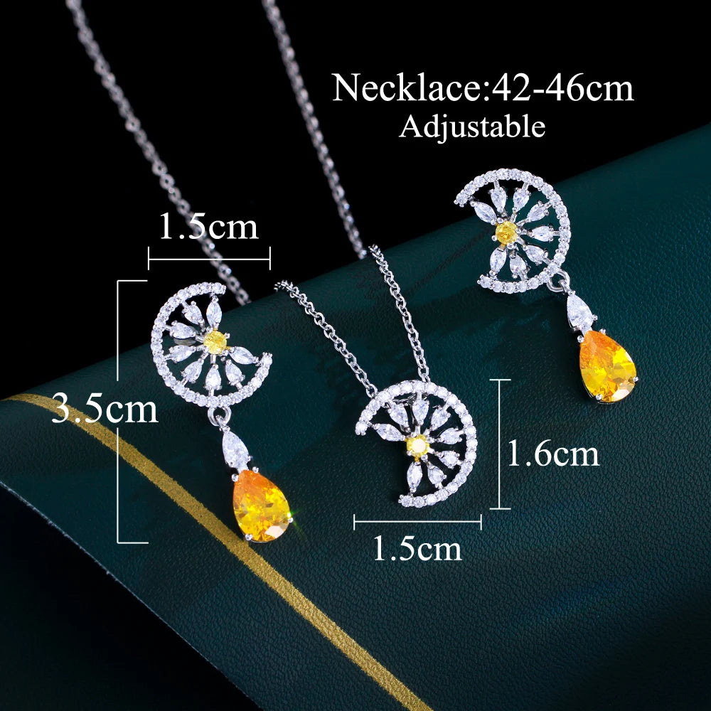 Green Water Drop Cubic Zircon Engagement Half Round Pendant Necklace and Earrings Jewelry Set for Women - EUFASHIONBAGS