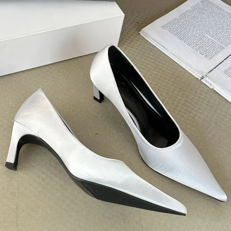 Silk Luxury High Heel Dress Shoes Women Shallow Pointed Toe Low Heel Office Shoes Comfy Footwear Women Zapatos De Mujer