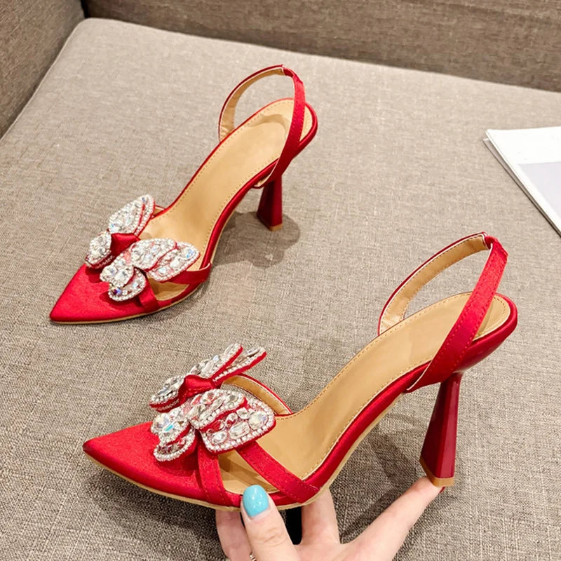 Size 35-41 Sexy Slingback Sandals Women Back Strap High Heels Summer Fashion Crystal Diamond Pointed Toe Wedding Prom Shoe - EUFASHIONBAGS