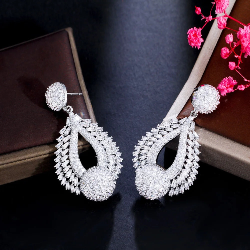 Bling Round Cubic Zirconia Dangle Drop Long Wedding Earrings for Brides Dubai White Gold Plated CZ Jewelry