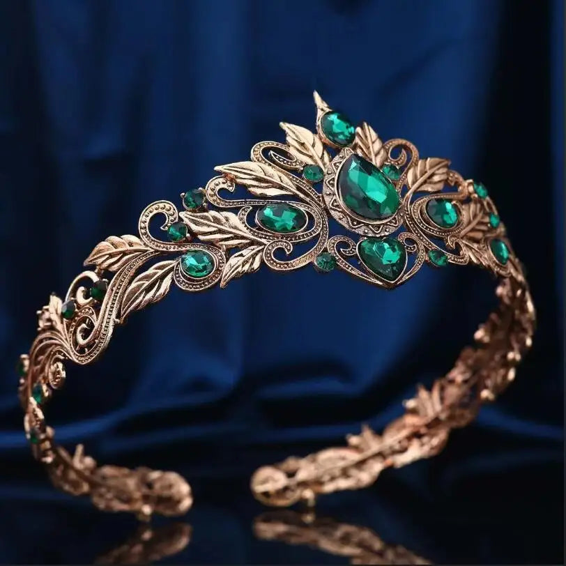 Vintage Bronze Emerald Green Fairy Crown Tiaras Crystal Leaves Elf Tiara Bandana Hair Accessories for Women Costume Hair Jewelry