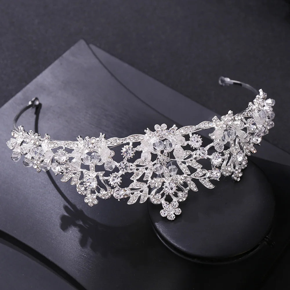 Baroque Luxury Handmade Crystal Beads Flowers Bridal Tiaras Crown Rhinestone Pageant Diadem cz Headband Wedding Hair Accessories