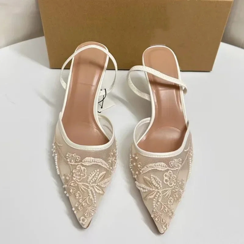 Brand Designer White Women Wedding Pumps Mesh Embroidered Flowers Back Strap Sexy Slingback High Heel Dress Shoes for Ladies