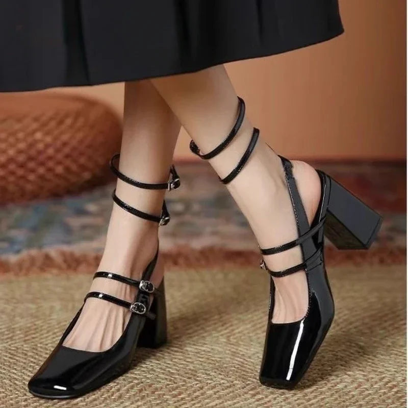 Designer Mary Jane Shoes Women Ankle Belt Buckle Chunky Slingback Shoes Female Women Fashion Square Toe Sandals Women Pumps