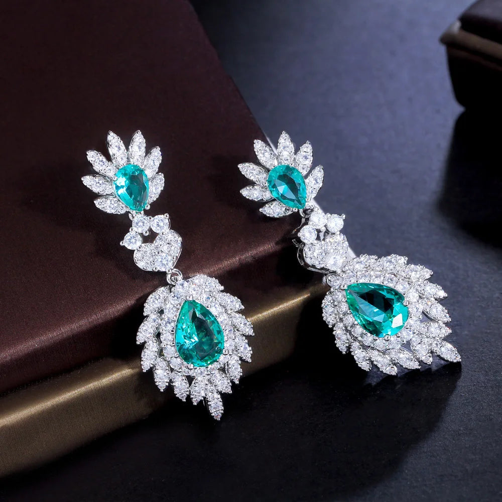 Green Cubic Zirconia Pave Long Dangling Feather Drop Earring for Women Wedding Dinner Party Accessories - EUFASHIONBAGS