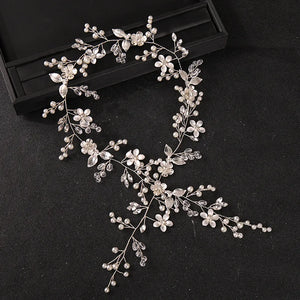 Long Flower Rhinestone Crystal Pearl Headbands Hairbands Tiaras For Bride Women Wedding Hair Accessories Ornaments Jewelry Gift