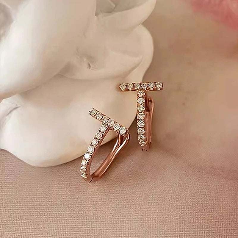 Chic Dainty Rose Gold Color Earrings for Women Fashion T Shaped Cubic Zirconia Hoop Earrings Simple Versatile Jewelry - EUFASHIONBAGS