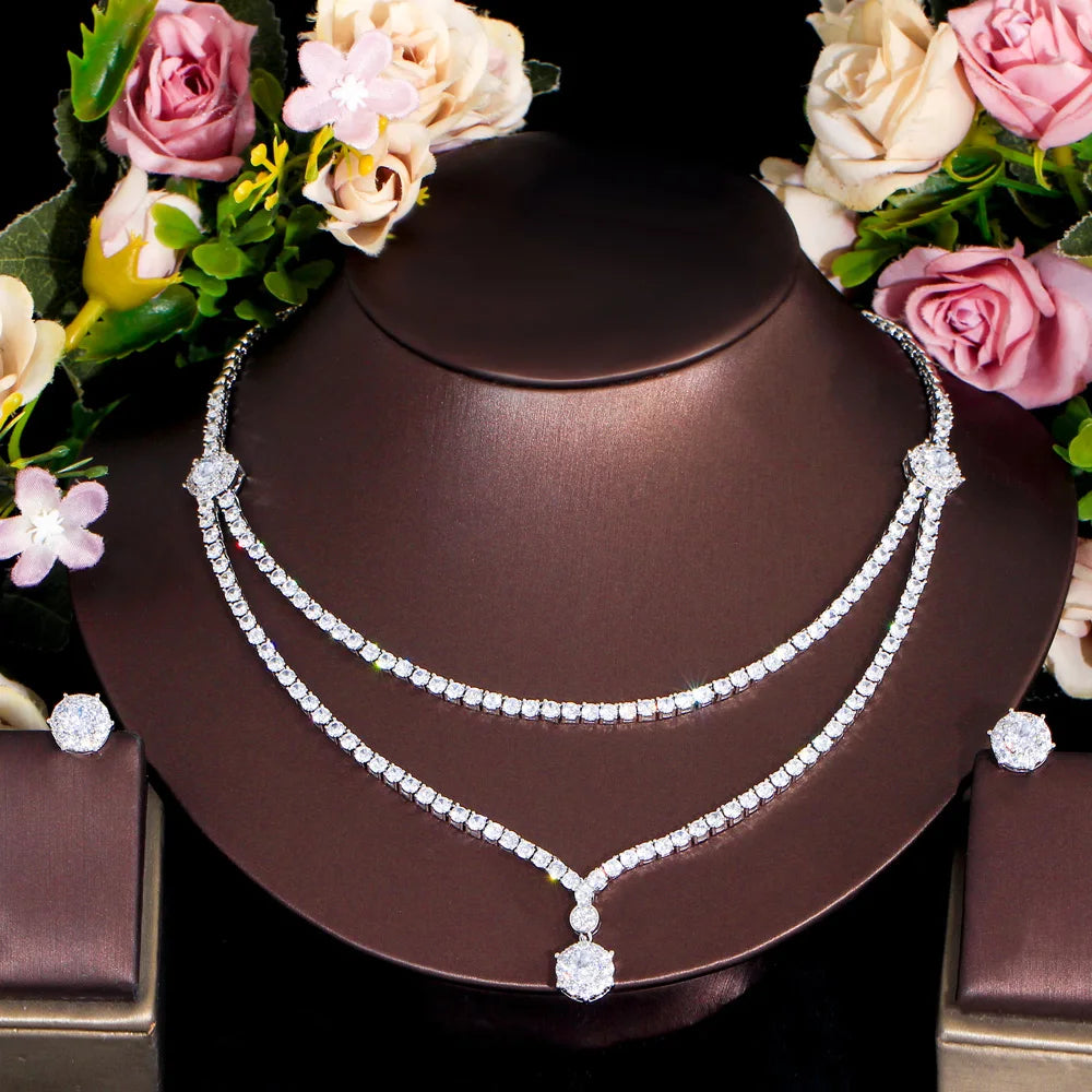 Chic Dangle Drop Round CZ 2 Layers Multiple Necklace Women Wedding Banquet Jewelry Sets Bridal Costume Accessory - EUFASHIONBAGS