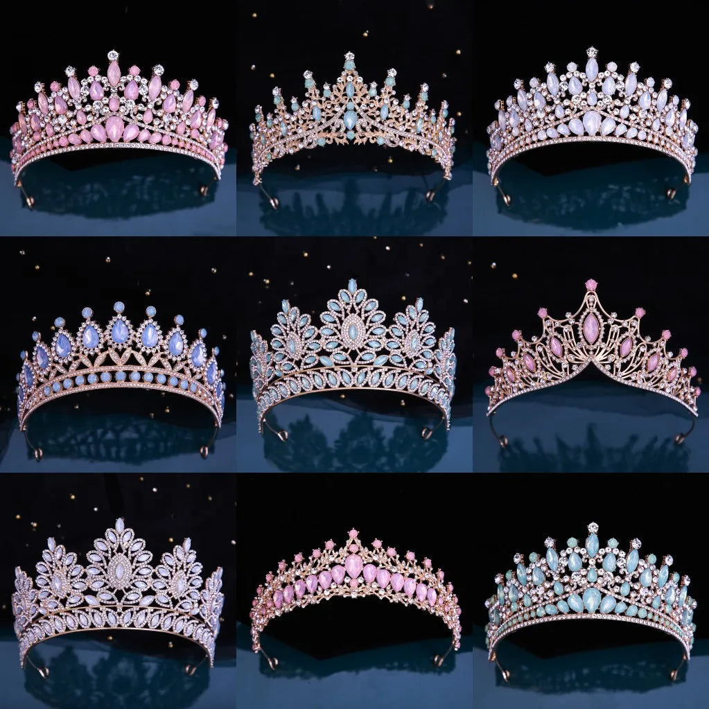 Many Styles Baroque Pink Blue Green White Opal Crystal Bridal Tiaras Crown Gold Color Rhinestone Pageant Diadem Hair Accessories - EUFASHIONBAGS