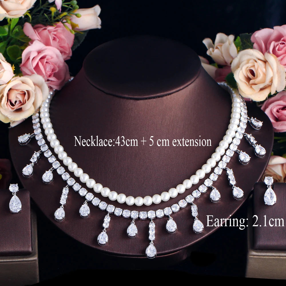 Shiny Tassel Water Drop Cubic Zirconia Big 2 Layer Pearl Necklace Bridal Jewelry Sets for Wedding Women Party - EUFASHIONBAGS