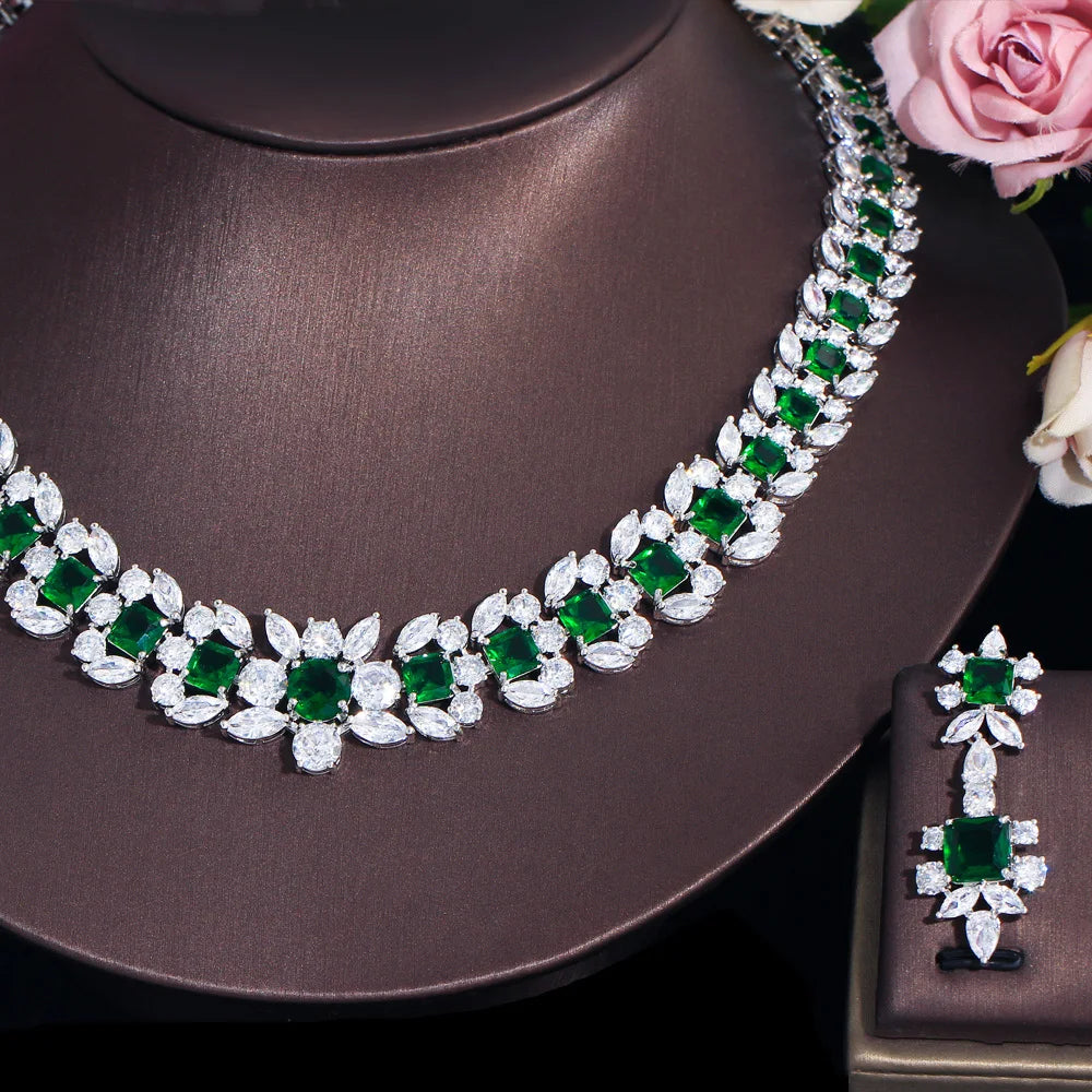 Luxurious Green Cubic Zirconia Big Women Wedding Event Costume Necklace Earrings Jewelry Sets for Brides - EUFASHIONBAGS