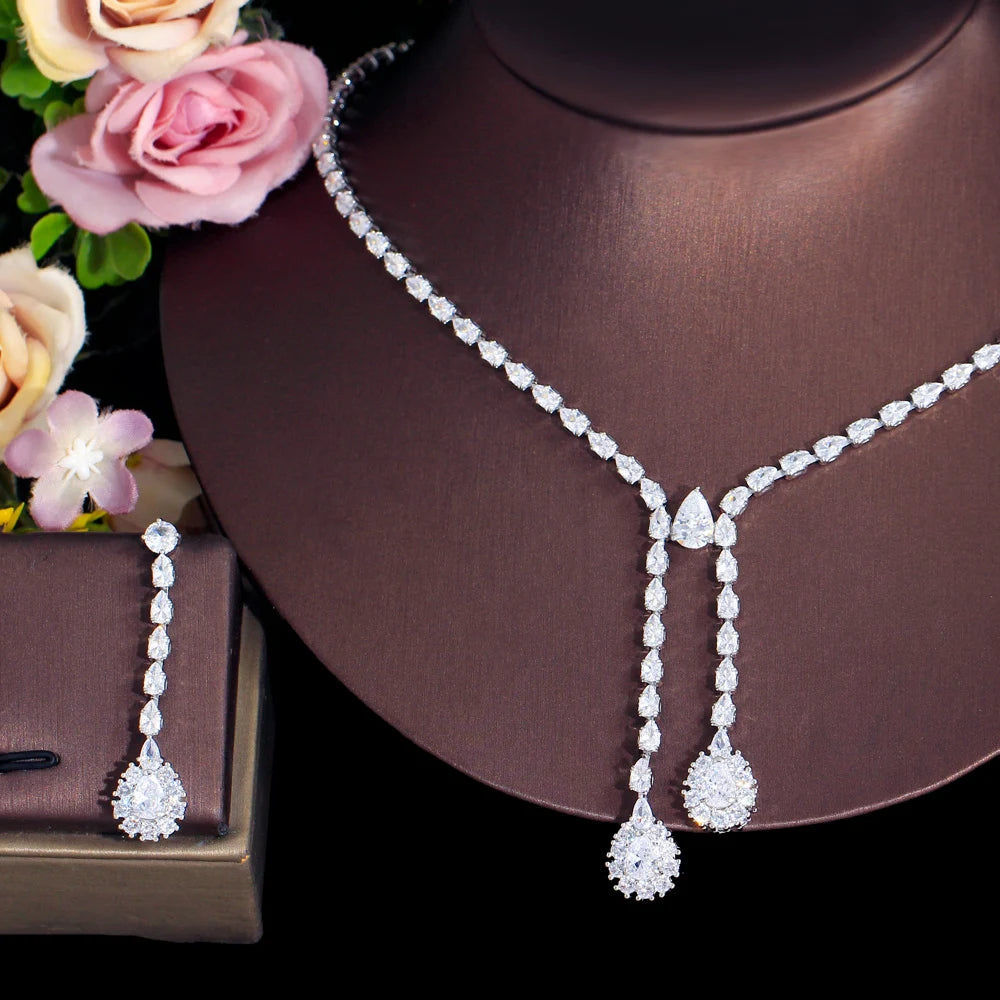 Dangly Long Water Drop Cubic Zircon Bridal Party Necklace Earring Wedding Jewelry Set for Women - EUFASHIONBAGS