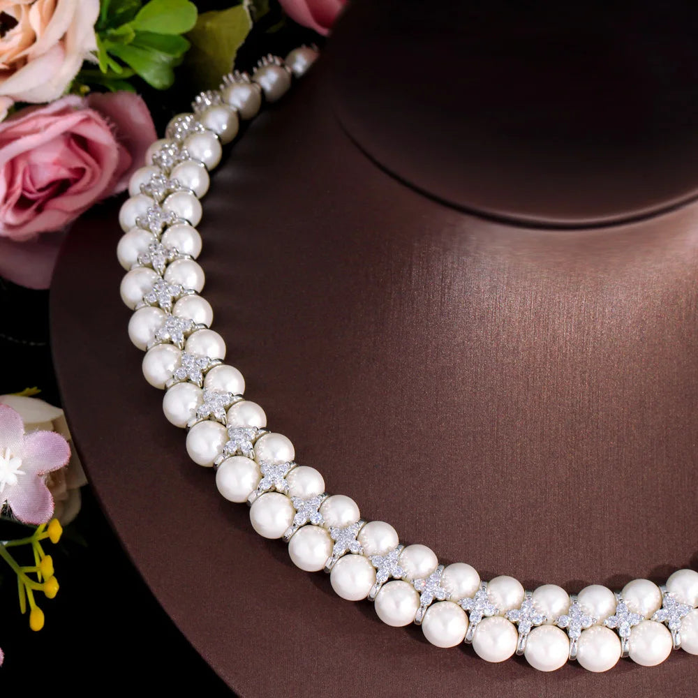 Handmade Cubic Zirconia Link Multiple Cluster Pearl Big Wedding Party Engagement Necklace for Women Jewelry - EUFASHIONBAGS