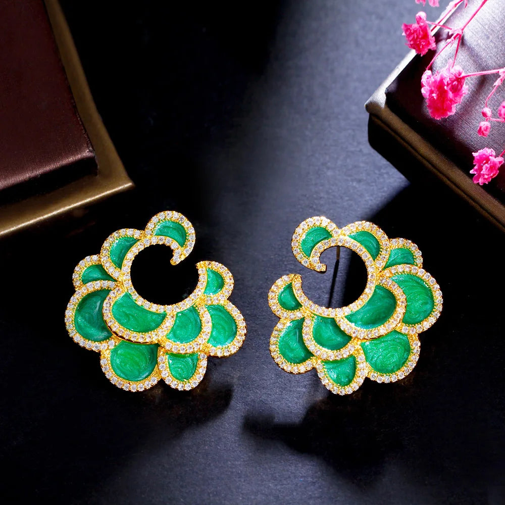 Geometric Multiple Green Enamel Flower Gold Plated Cubic Zircon Big Drop Chic Retro Wedding Earrings for Women