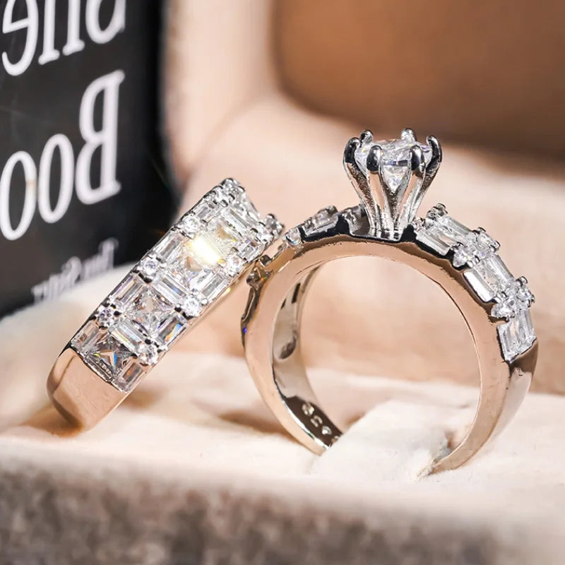 Opulent Sparkling 2Pcs Rings Set Charms Promise Wedding Band Jewelry Delicate Attractive Accessories for Engagement - EUFASHIONBAGS