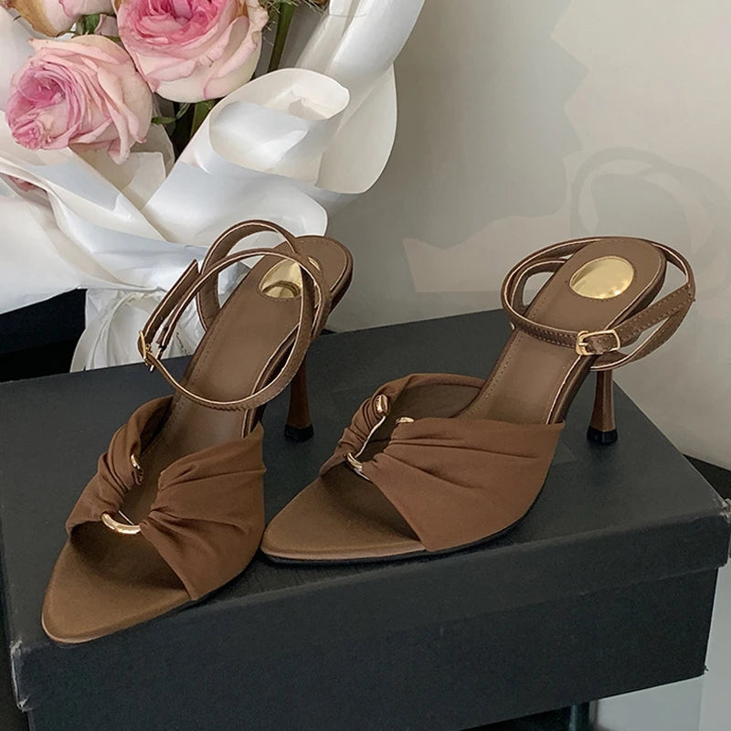 2025 New Fashion Hollow Out Metal Buckle Woman Sandals Cozy Silk Ankle Strap Sexy Pointed Toe High Heels Party Dress Shoes