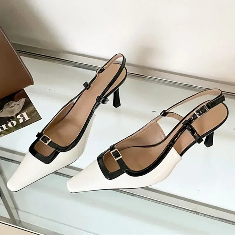 2025 New Pointed Toe Mules Pumps Women Summer Square Toe Slingback High Heels Women Buckle Elegant Designer Dress Sandals Female