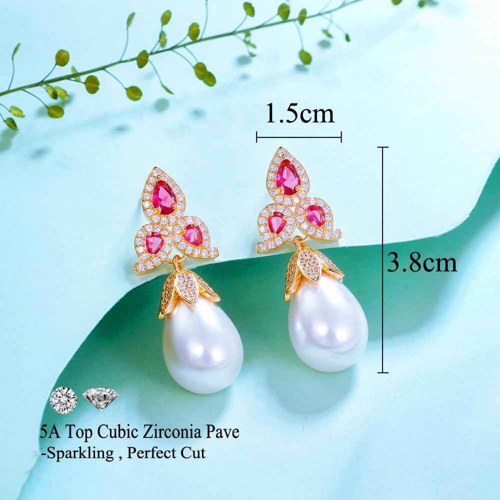 Gold Plated Rose Red Cubic Zircon Leaf Shape Dangle Drop Pearl Earrings for Women Pageant Party Jewelry - EUFASHIONBAGS