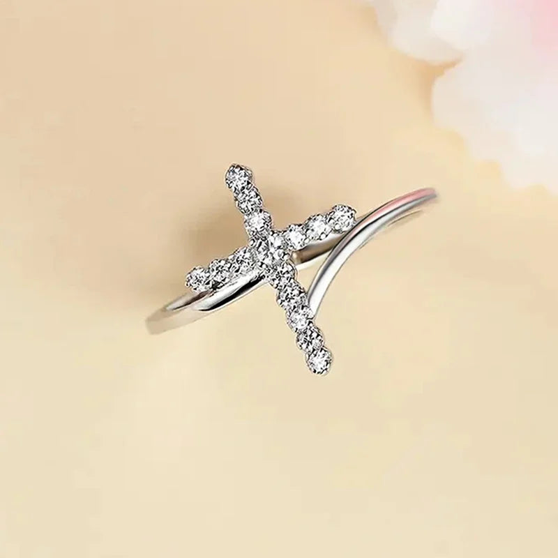 Glossy Cross Designed Rings with Shiny Cubic Zirconia Novel Fashion Wedding Party Jewelry Versatile Accessories for Women - EUFASHIONBAGS