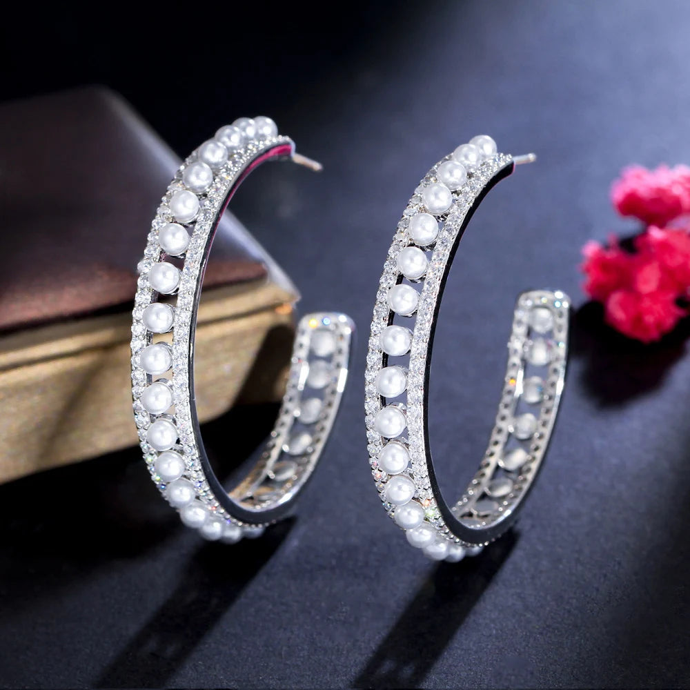 Bling Cubic Zirconia Long Big Half Round Pearl Hoop Earrings for Women Trendy Engagement Wedding Jewelry - EUFASHIONBAGS