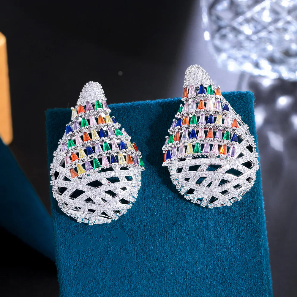 Multicolor CZ Stones Large Water Drop Women Engagement Party Earrings Chunky Wedding Jewelry Gift - EUFASHIONBAGS