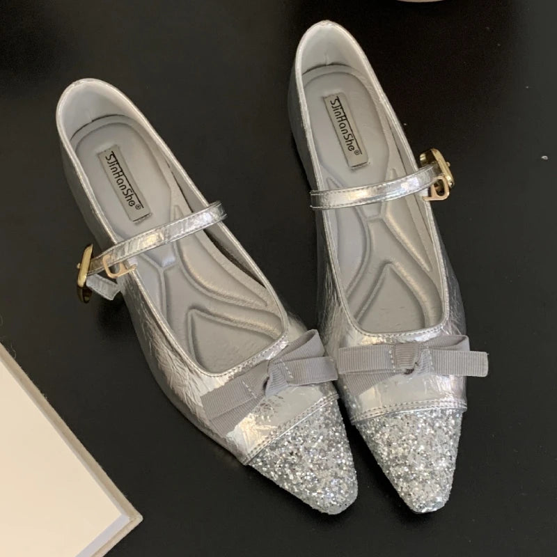 Bling Butterfly-knot Mary Jane Shoes Women Fashion Flat Shoes Shallow Comfort Increased Internal Brand Dress Shoes Women