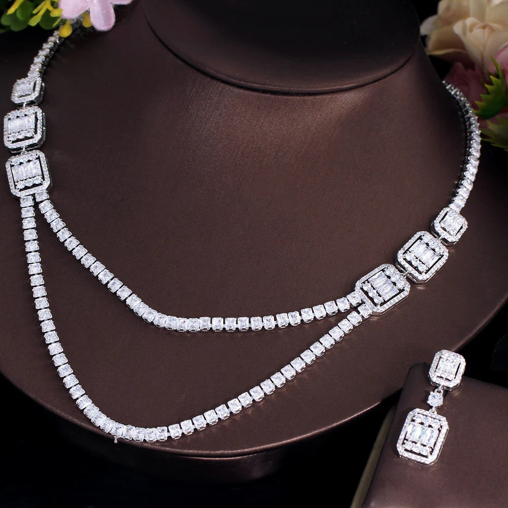 Shiny White Cubic Zirconia Double Layered Wedding Evening Necklace Bridal Party Wear Jewelry Sets for Women - EUFASHIONBAGS