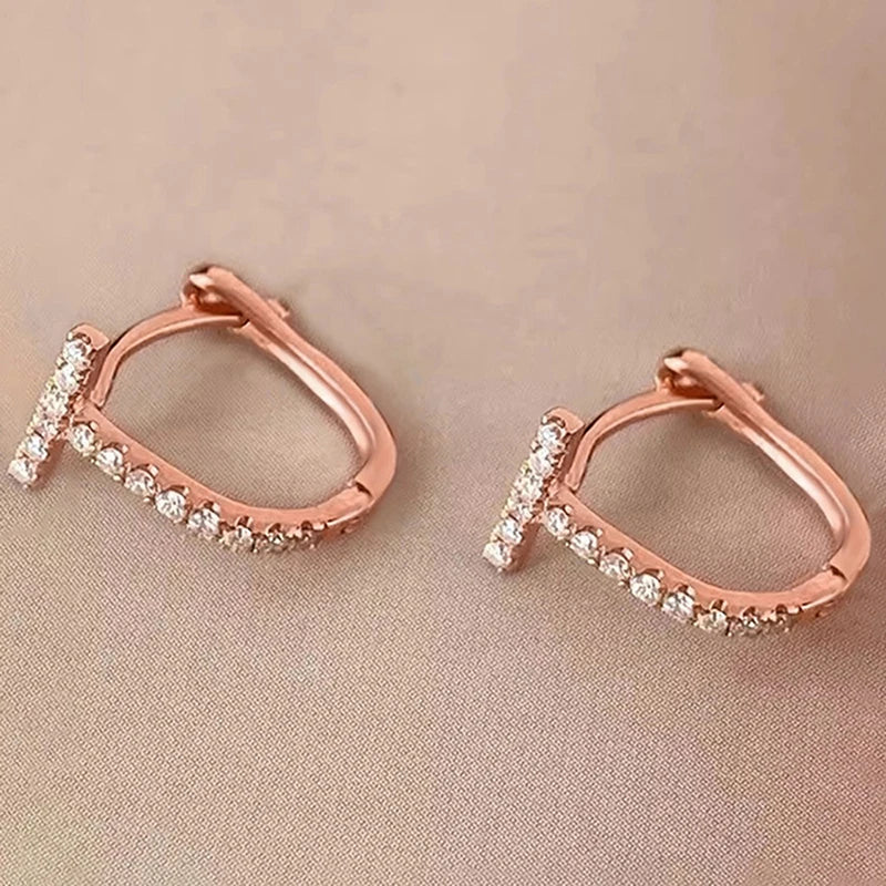 Chic Dainty Rose Gold Color Earrings for Women Fashion T Shaped Cubic Zirconia Hoop Earrings Simple Versatile Jewelry - EUFASHIONBAGS