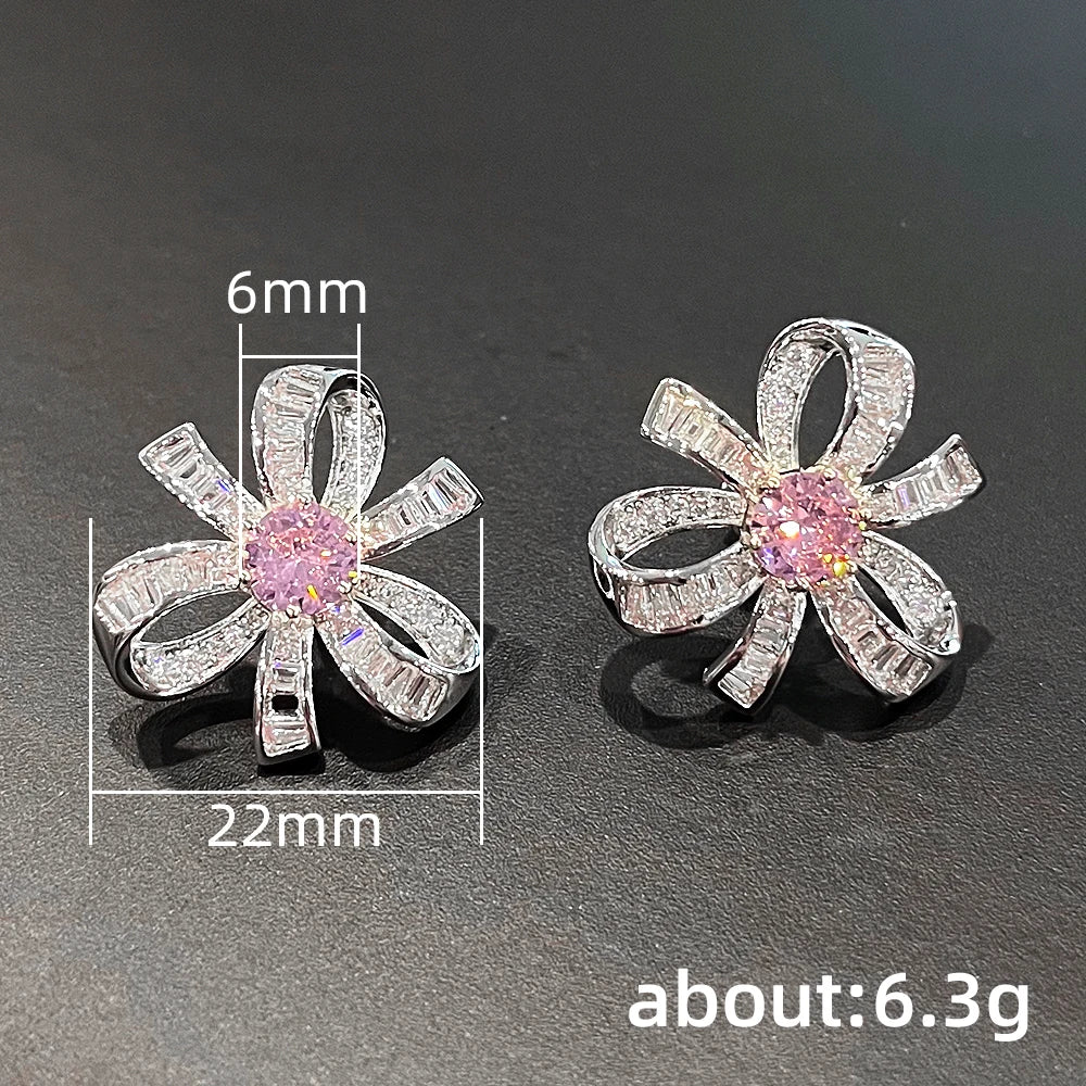 Pink Flower Stud Earrings Bridal Wedding Accessories Aesthetic Women's CZ Earrings for Party Statement Jewelry - EUFASHIONBAGS