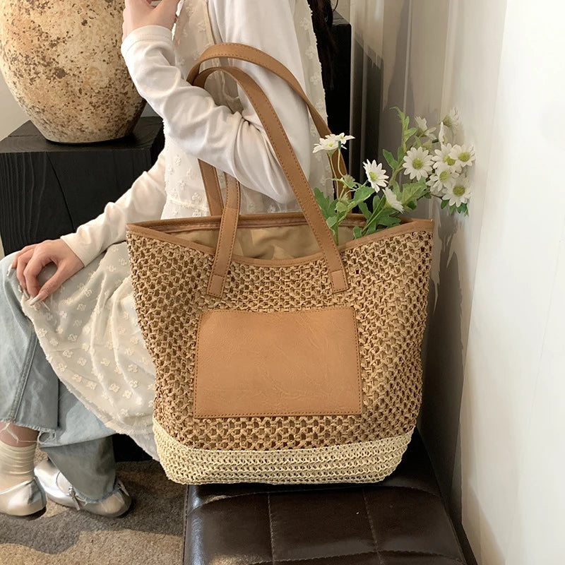 Women Crochet Beach Handbag PU Patchwork Weaving Travel Bag Contrast Color Simple Shoulder Bag Ladies Summer Daily Bag - EUFASHIONBAGS