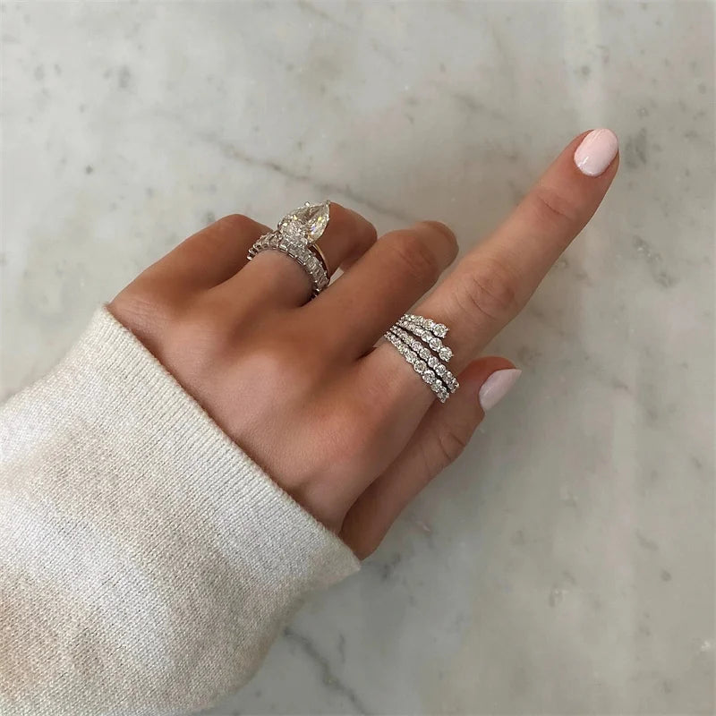 Simple Stylish Lines Cubic Zirconia Rings Women Silver Color Band Bridal Wedding Accessories Modern Jewelry for Party New